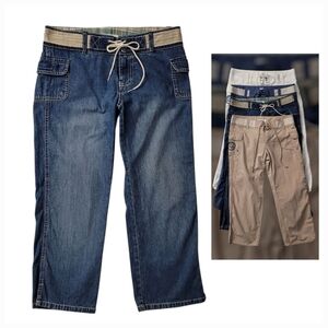 Y2K Soft Denim Faux Belt Pattern Low Rise Cotton Capris Drawstring Zip-Up Button